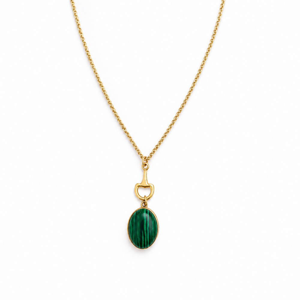 Equestrian Bit Natural Stone Necklace – 18K Gold Plated, Waterproof Malachite